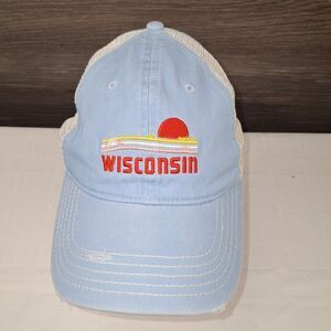 Home Free Wisconsin Hat Blue distressed Embroidered Adjustable Strap Buckle Cap